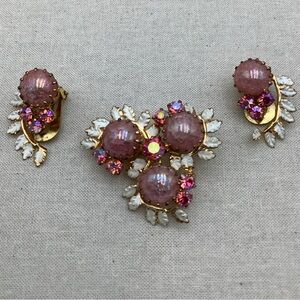 Vintage Confetti glass Pink and Enamel Floral Jewelry Set